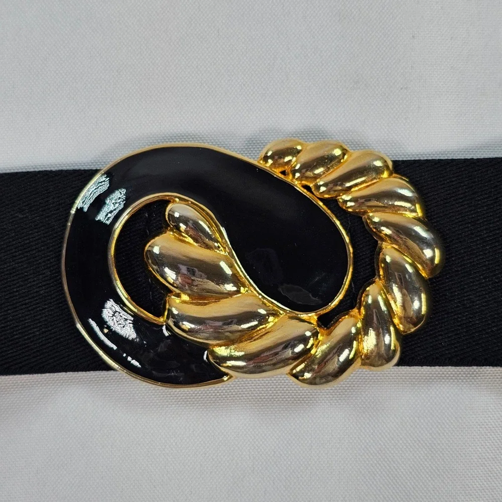 Vintage Black Enamel Gold Tone Twisted Rope Buckle Elastic Cinch Waist Belt
